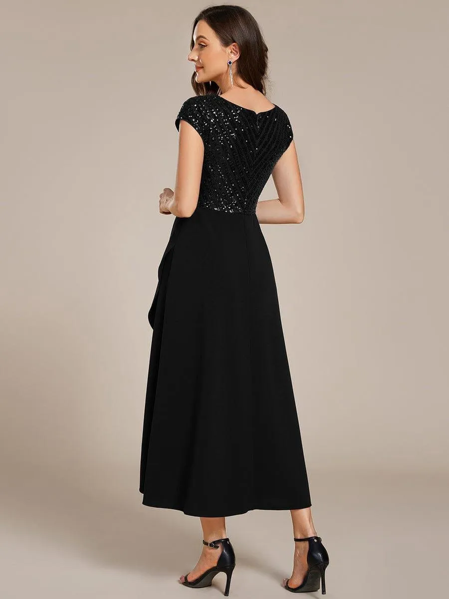 Short Sleeve V-Neck Midi Sequin Formal Dress with Chiffon