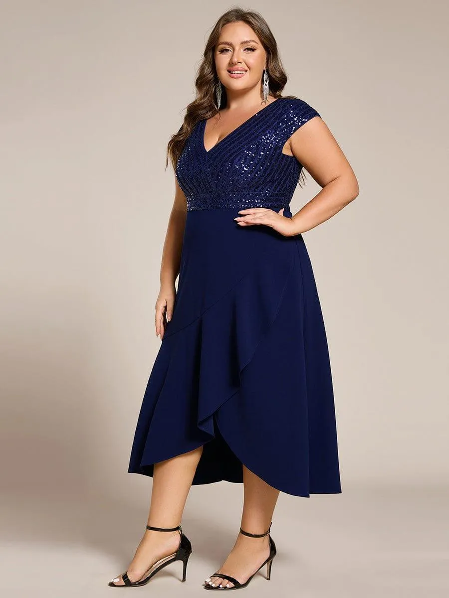 Short Sleeve V-Neck Midi Sequin Formal Dress with Chiffon