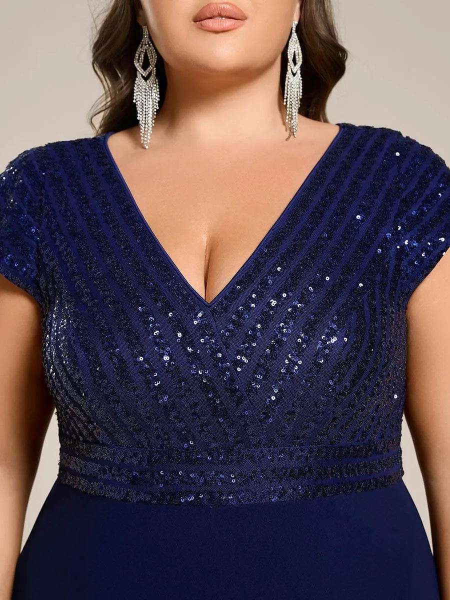 Short Sleeve V-Neck Midi Sequin Formal Dress with Chiffon