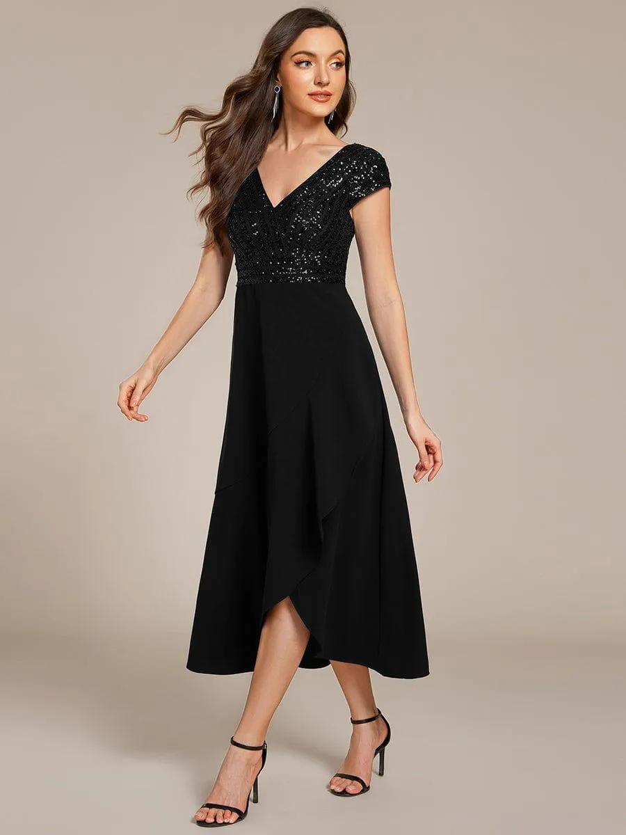 Short Sleeve V-Neck Midi Sequin Formal Dress with Chiffon