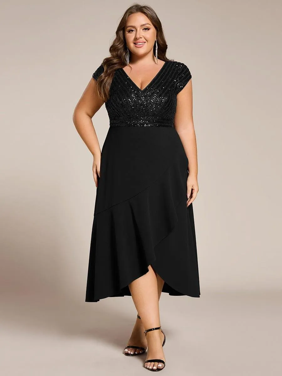 Short Sleeve V-Neck Midi Sequin Formal Dress with Chiffon