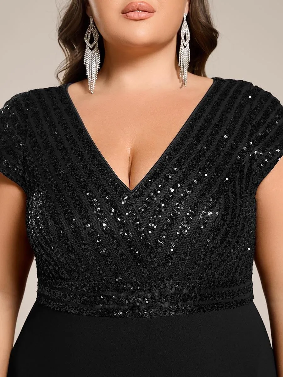 Short Sleeve V-Neck Midi Sequin Formal Dress with Chiffon