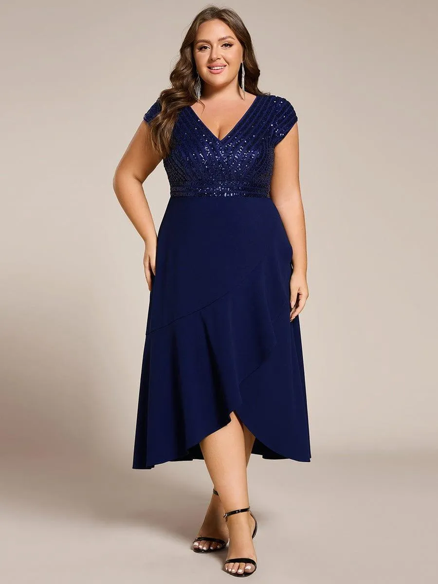 Short Sleeve V-Neck Midi Sequin Formal Dress with Chiffon