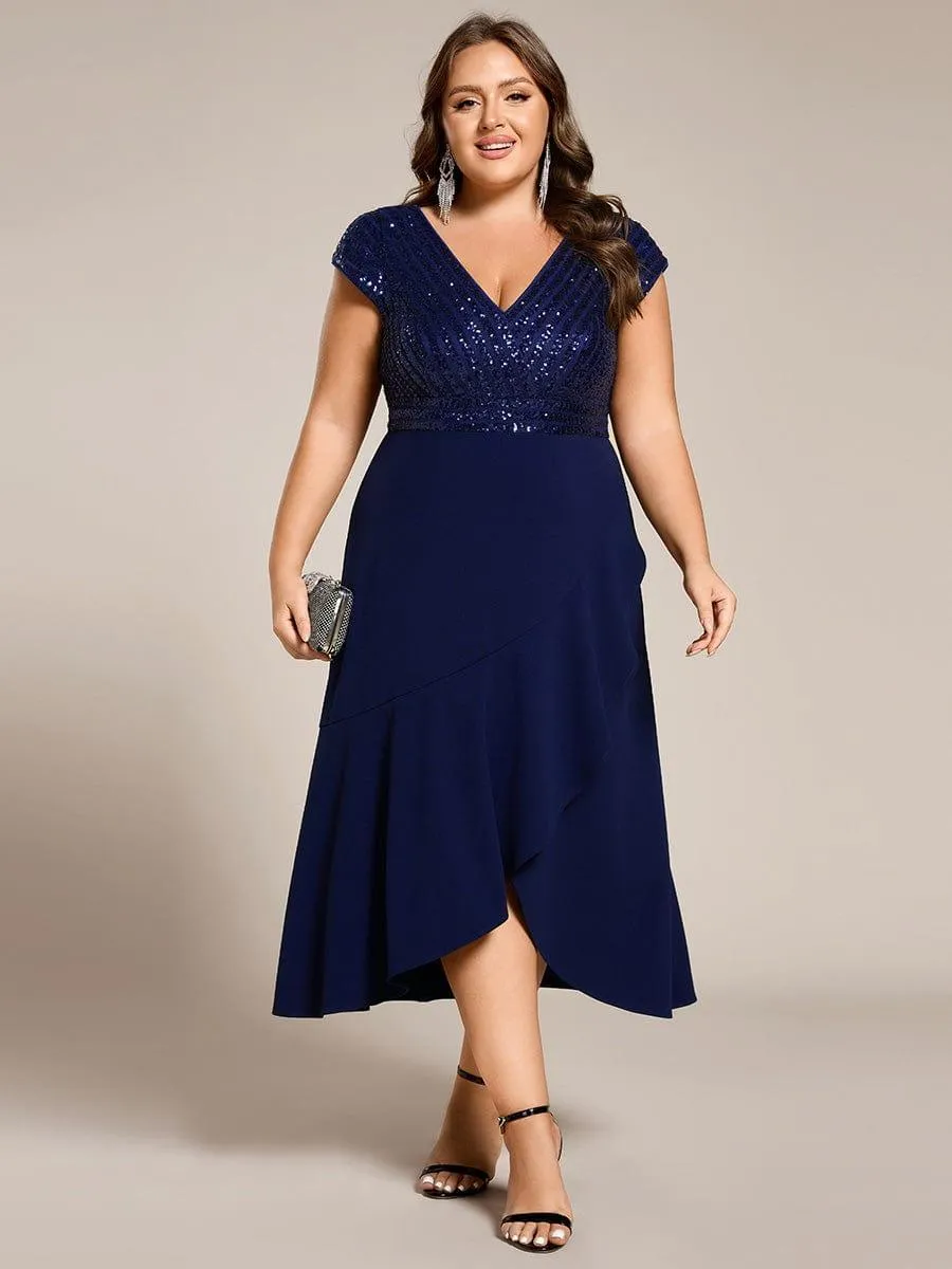 Short Sleeve V-Neck Midi Sequin Formal Dress with Chiffon