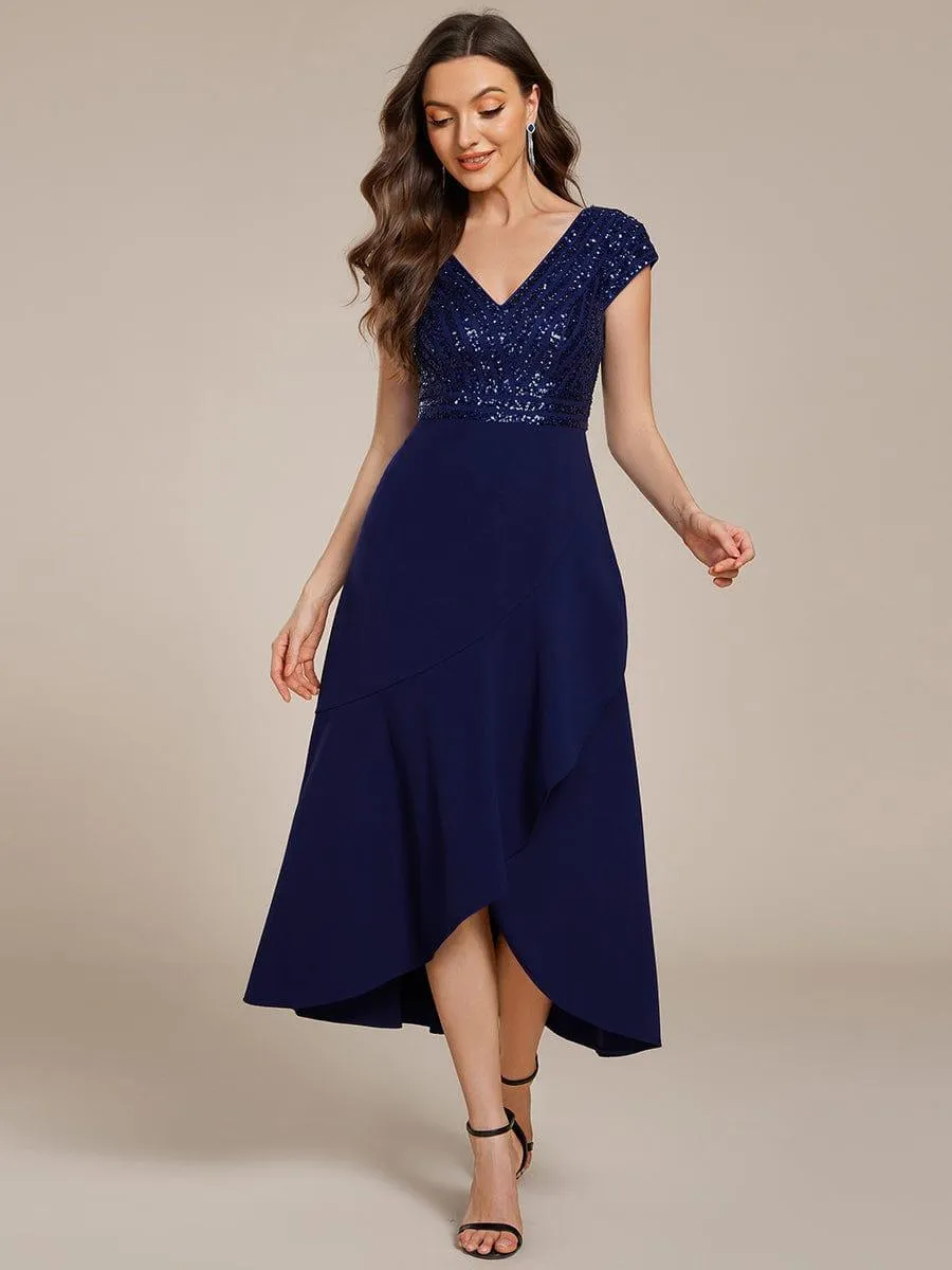 Short Sleeve V-Neck Midi Sequin Formal Dress with Chiffon