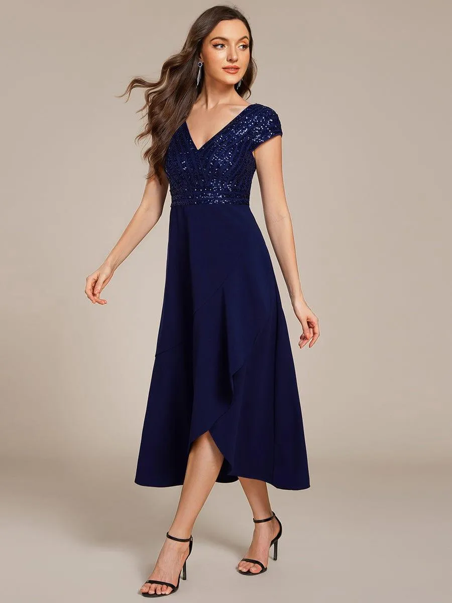 Short Sleeve V-Neck Midi Sequin Formal Dress with Chiffon