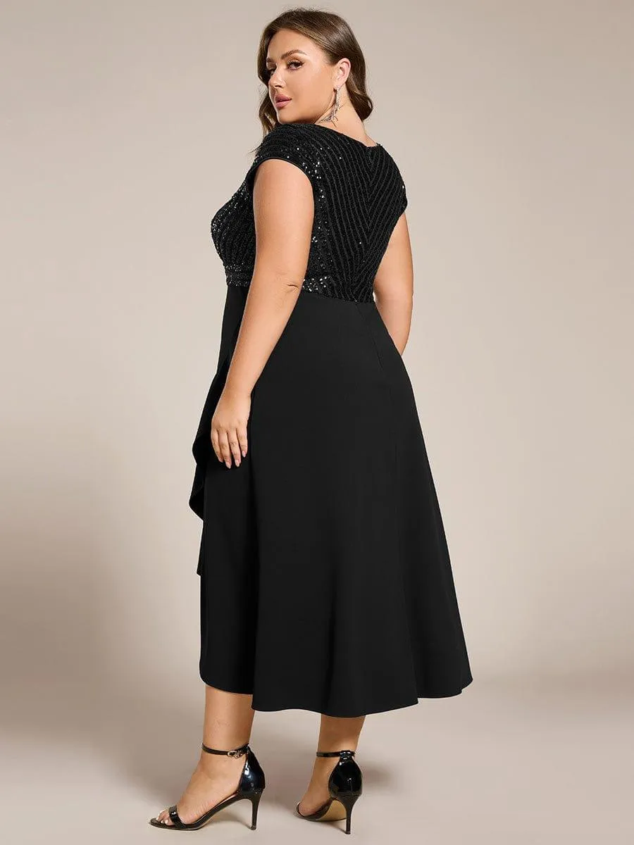 Short Sleeve V-Neck Midi Sequin Formal Dress with Chiffon