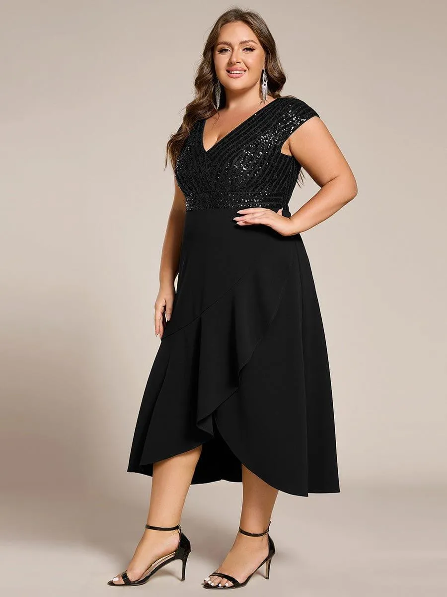 Short Sleeve V-Neck Midi Sequin Formal Dress with Chiffon
