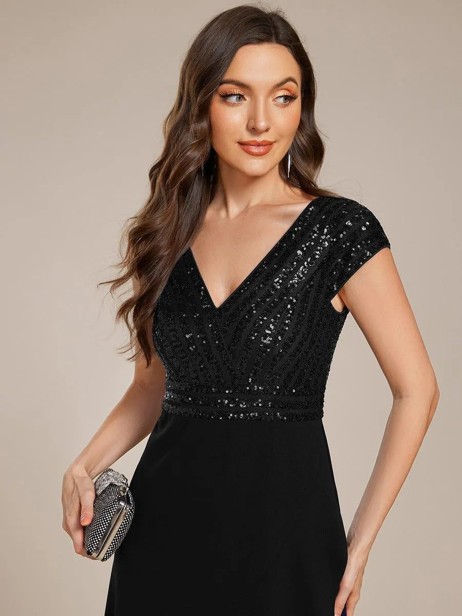 Short Sleeve V-Neck Midi Sequin Formal Dress with Chiffon