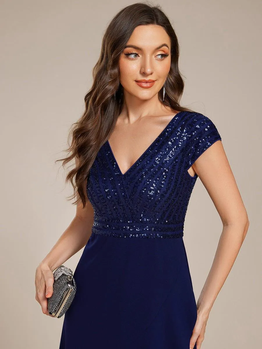 Short Sleeve V-Neck Midi Sequin Formal Dress with Chiffon