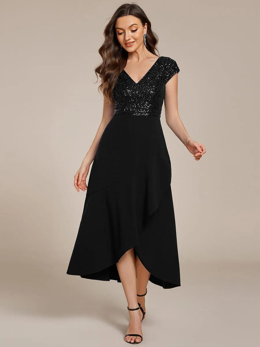 Short Sleeve V-Neck Midi Sequin Formal Dress with Chiffon