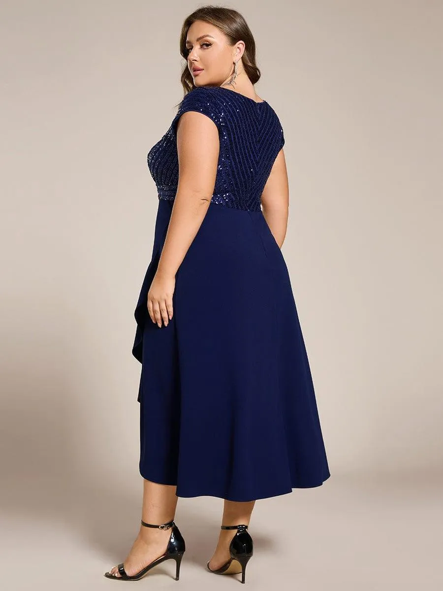 Short Sleeve V-Neck Midi Sequin Formal Dress with Chiffon