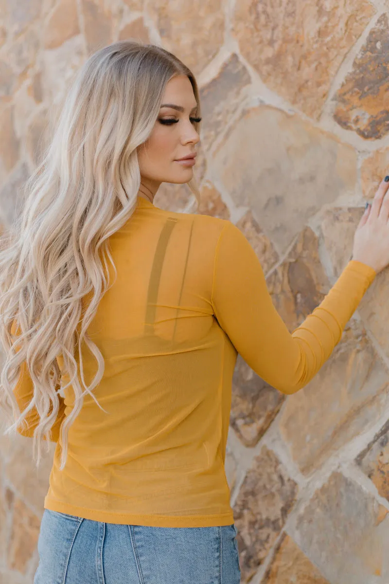Solid Mustard Long Sleeve Mesh Top