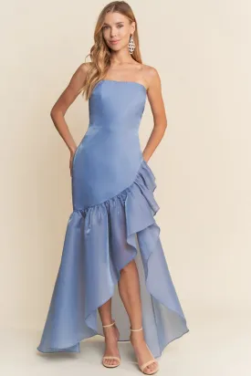 Straight Neckline Strapless Ruffle Asymmetrical High Low Dress Dusty Blue