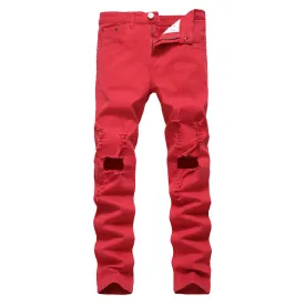 Streetwear Men's Ripped Jeans Elasticity Mid Waist Jeans Straight Pants