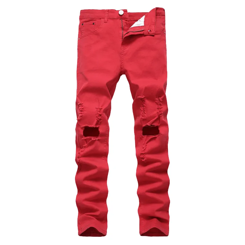 Streetwear Men's Ripped Jeans Elasticity Mid Waist Jeans Straight Pants