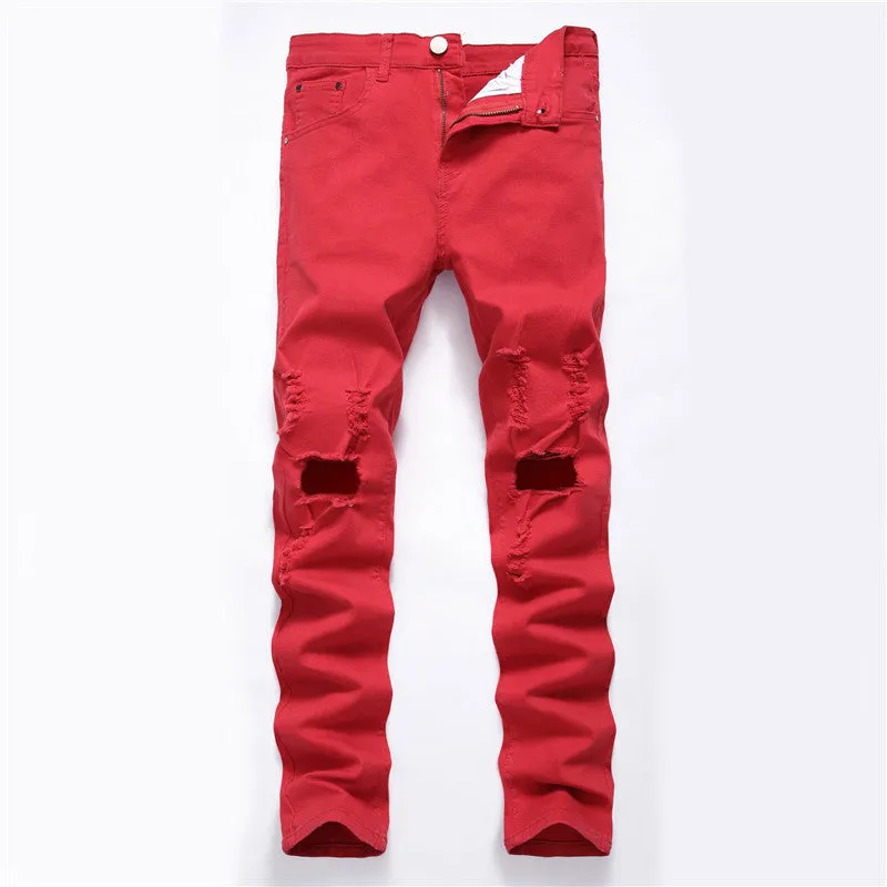 Streetwear Men's Ripped Jeans Elasticity Mid Waist Jeans Straight Pants