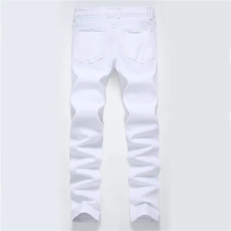Streetwear Men's Ripped Jeans Elasticity Mid Waist Jeans Straight Pants