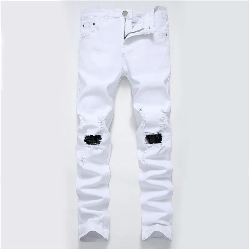 Streetwear Men's Ripped Jeans Elasticity Mid Waist Jeans Straight Pants