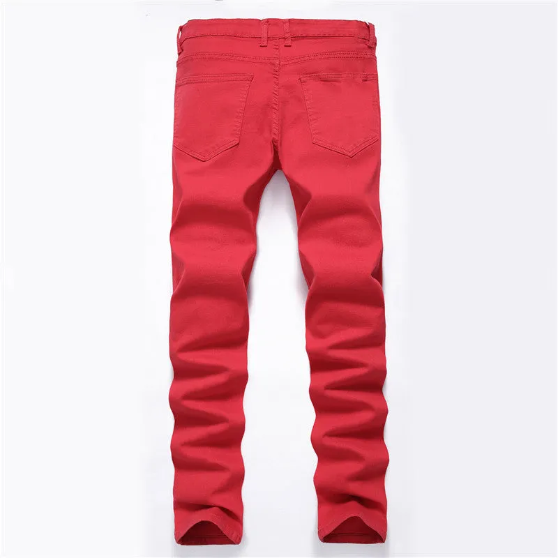 Streetwear Men's Ripped Jeans Elasticity Mid Waist Jeans Straight Pants