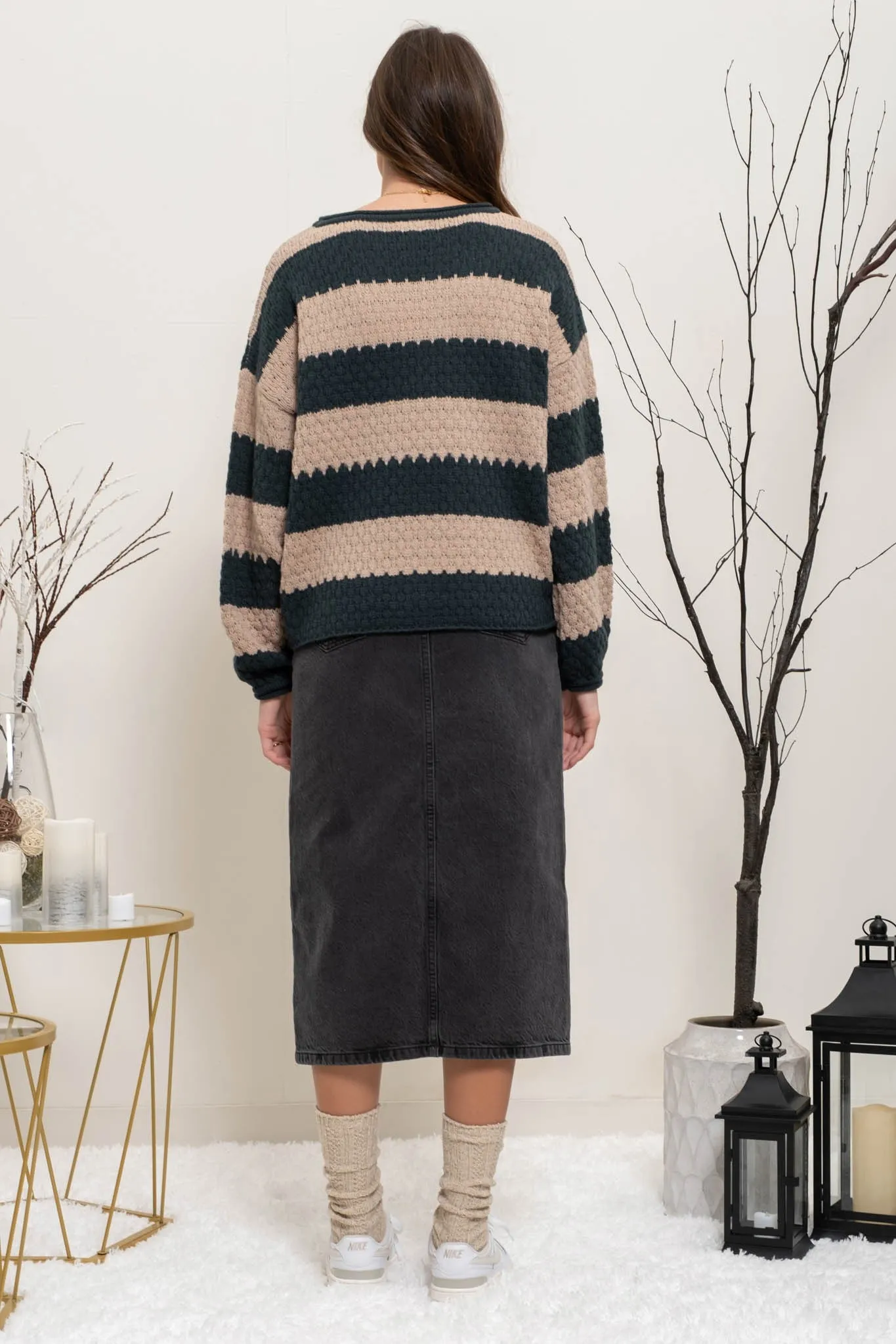 Striped Crewneck Sweater in Hunter Green