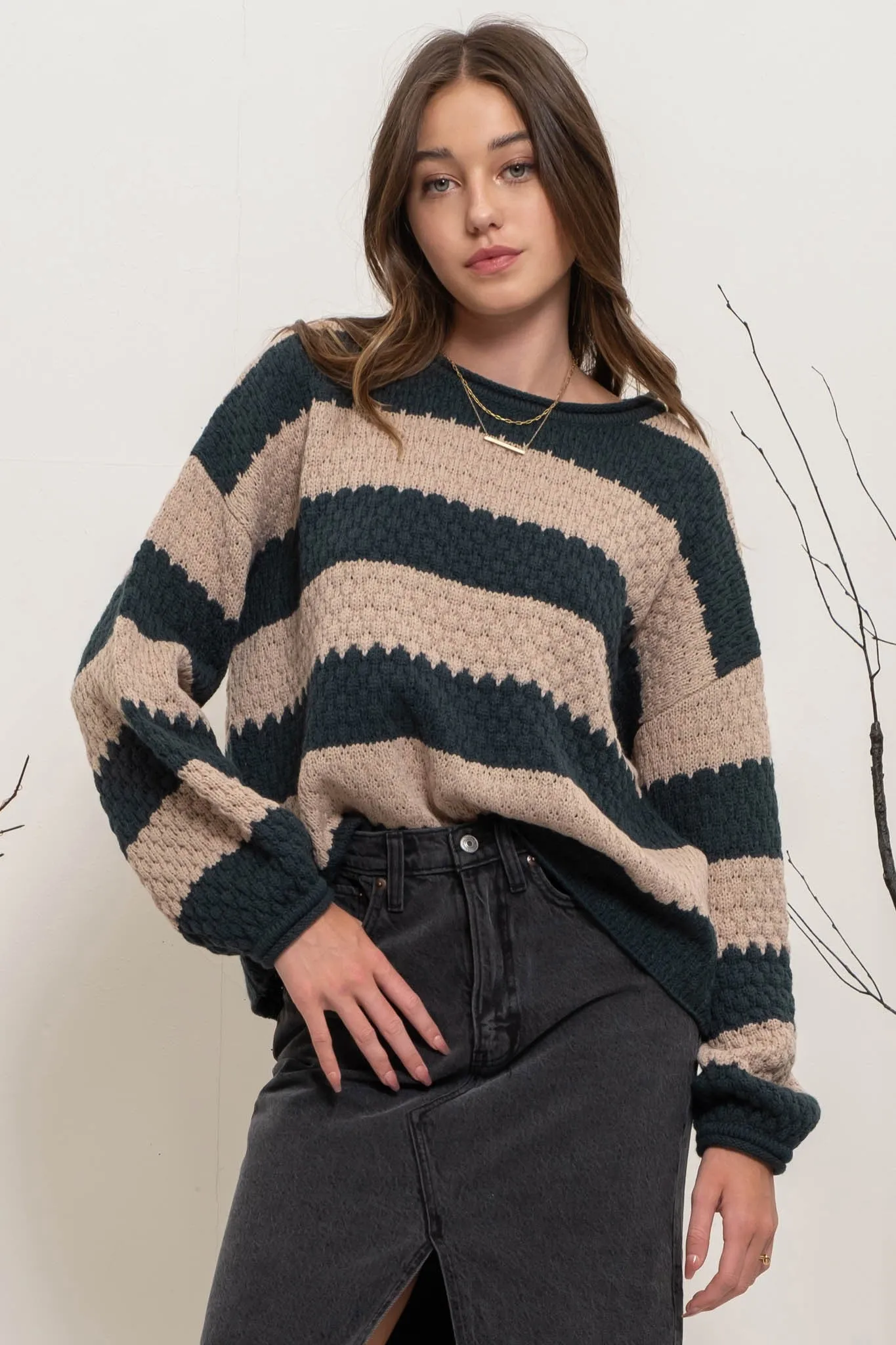 Striped Crewneck Sweater in Hunter Green