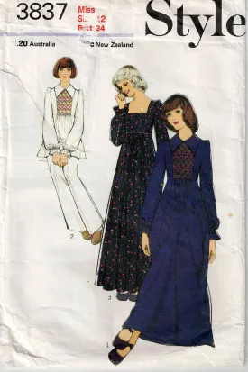 Style 3837 Womens High Waisted Smocked Bodice Dress Tunic & Pants 1970s Vintage Sewing Pattern Size 12 Bust 34 inches