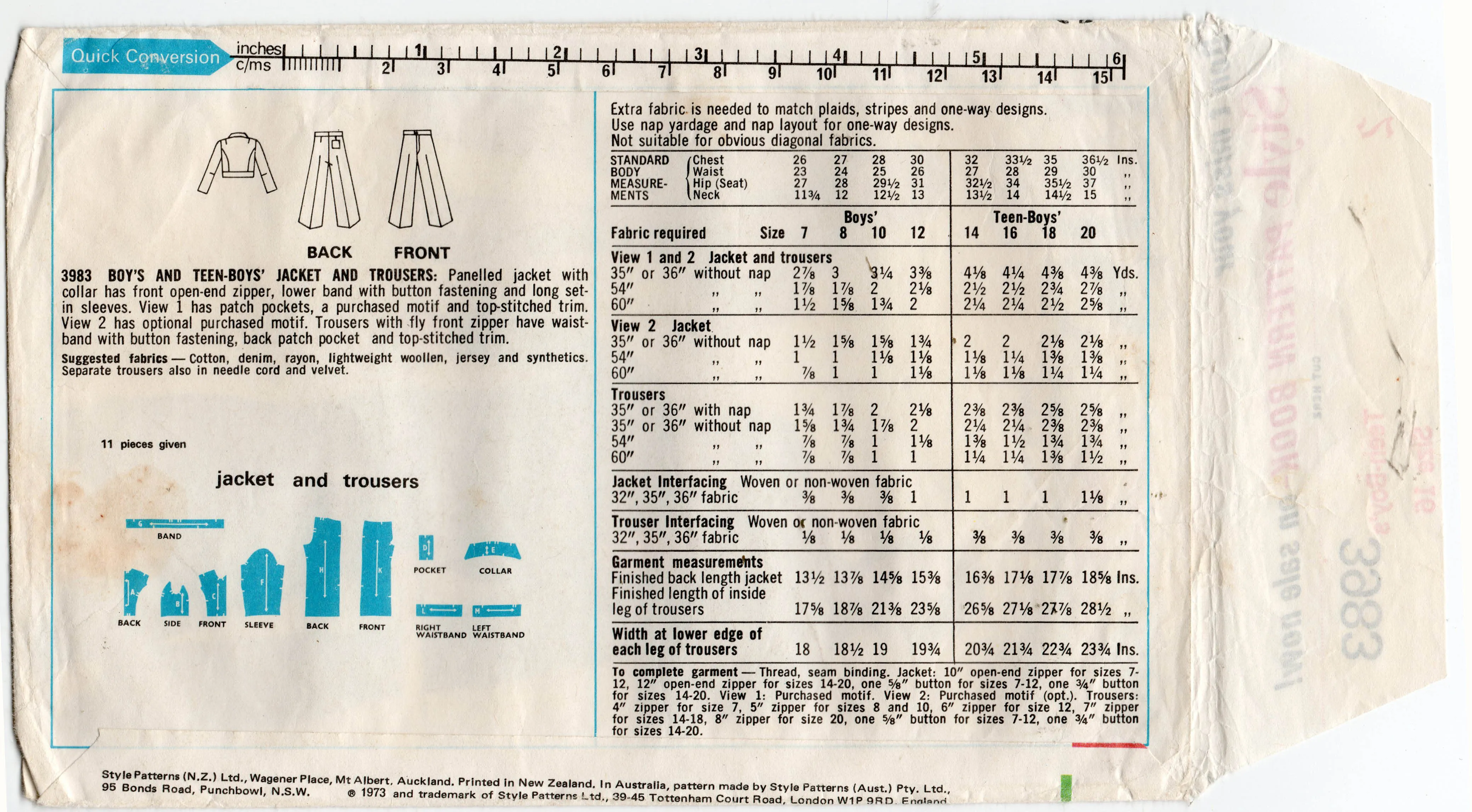 Style 3983 RETRO Teen Boys Bomber Jacket & Jeans 1970s Vintage Sewing Pattern Size 16 Chest 33.5 inches