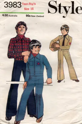 Style 3983 RETRO Teen Boys Bomber Jacket & Jeans 1970s Vintage Sewing Pattern Size 16 Chest 33.5 inches