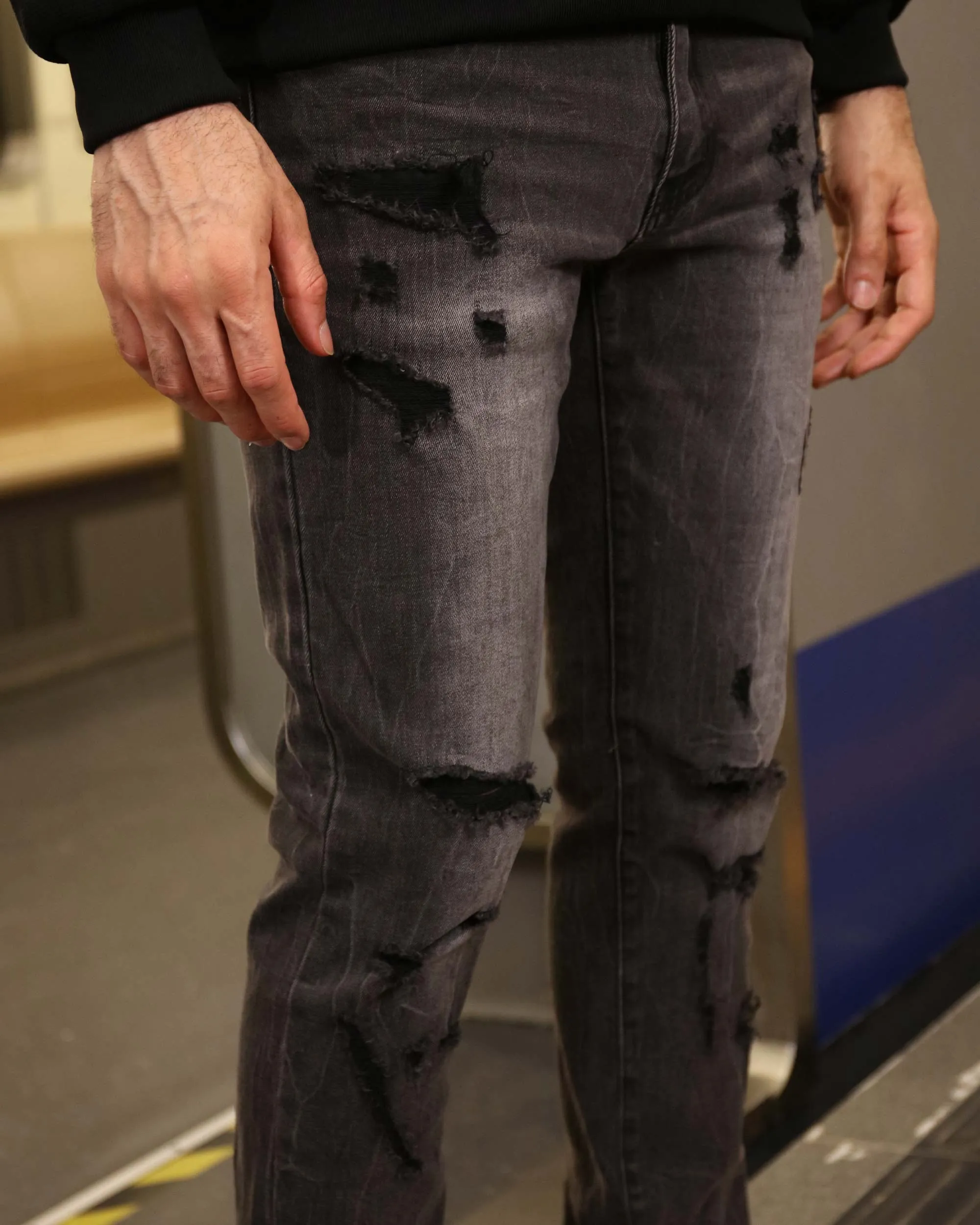 Stylish Straight Leg Black Ripped Jeans