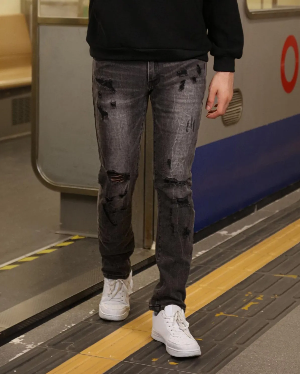 Stylish Straight Leg Black Ripped Jeans