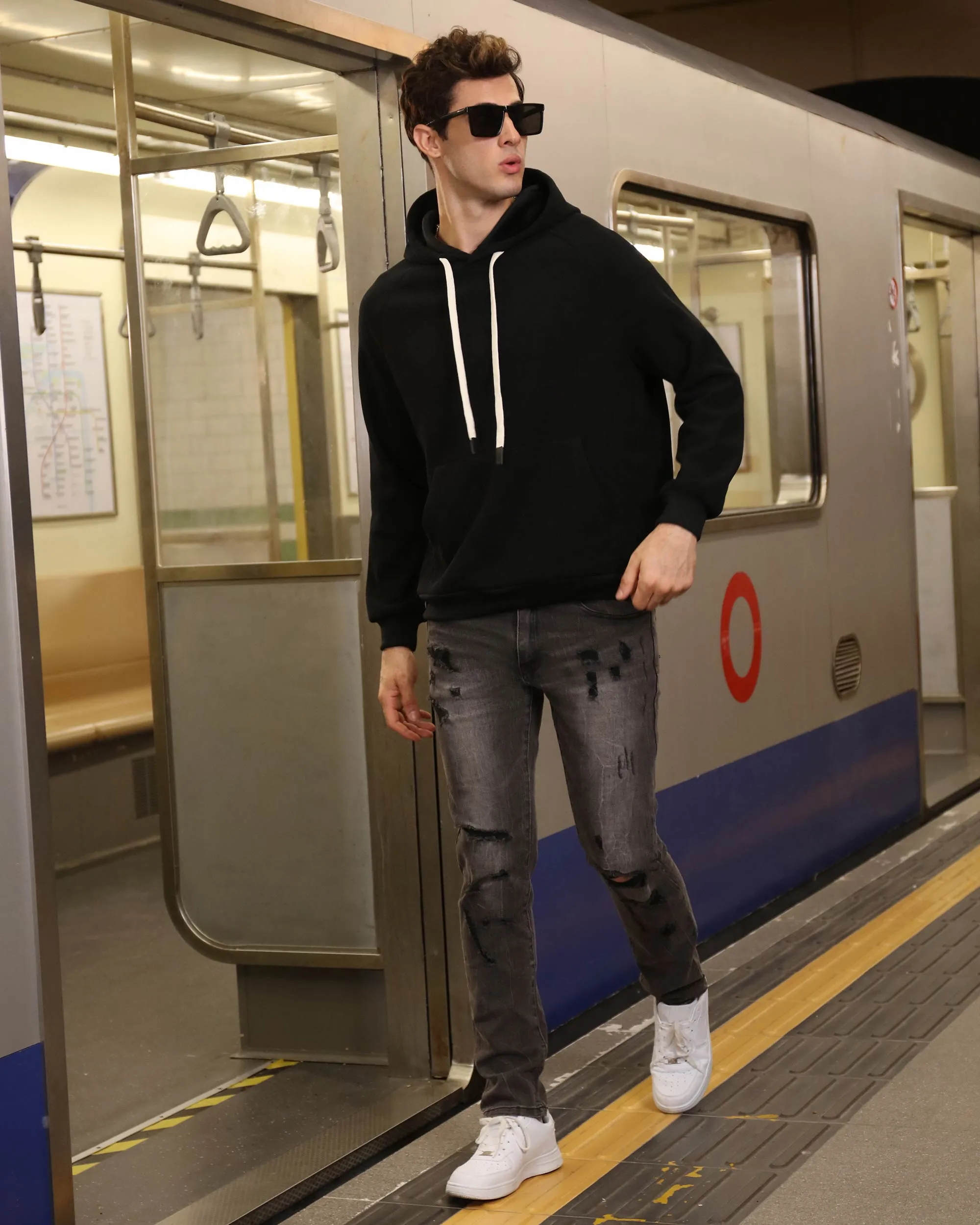 Stylish Straight Leg Black Ripped Jeans