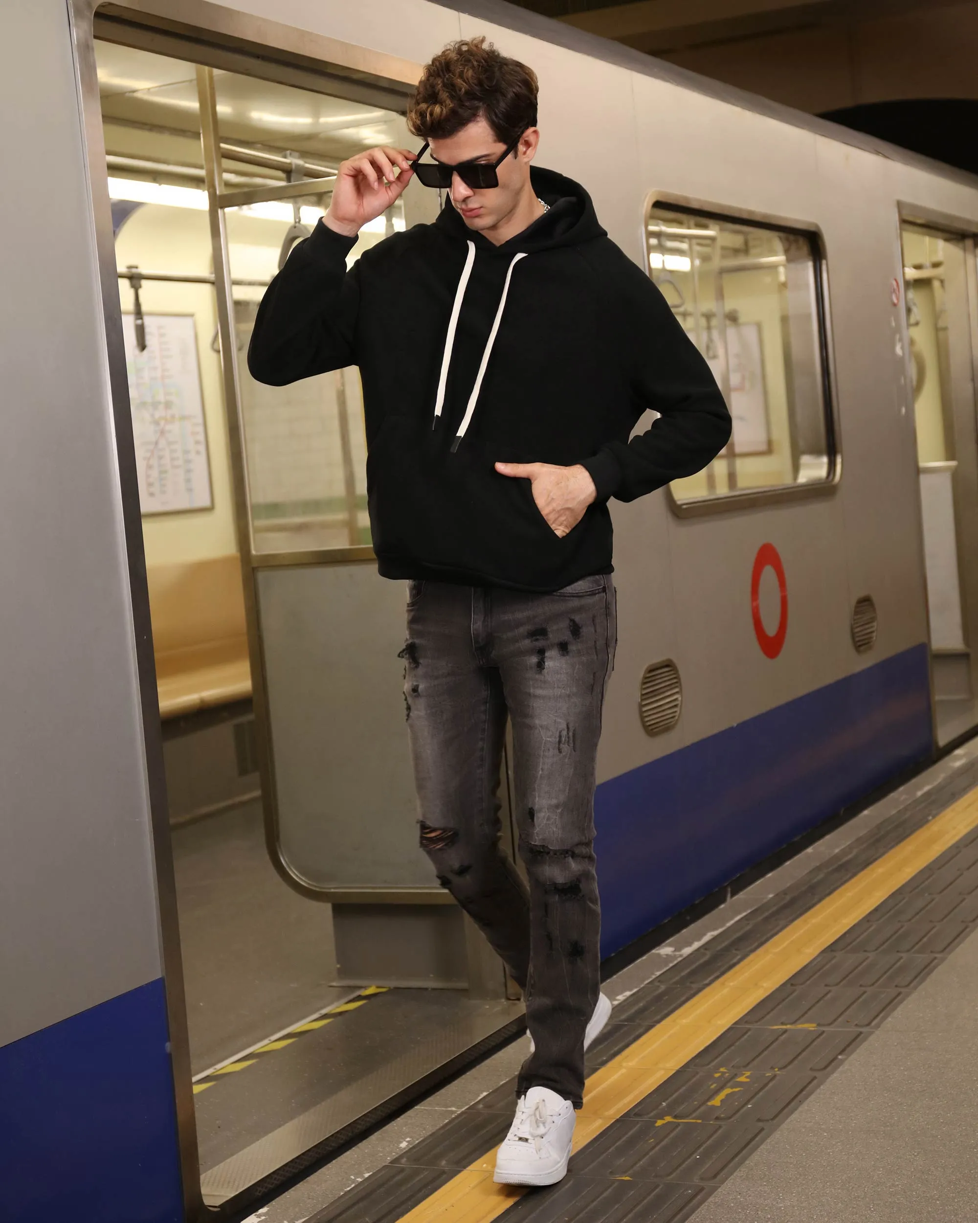 Stylish Straight Leg Black Ripped Jeans