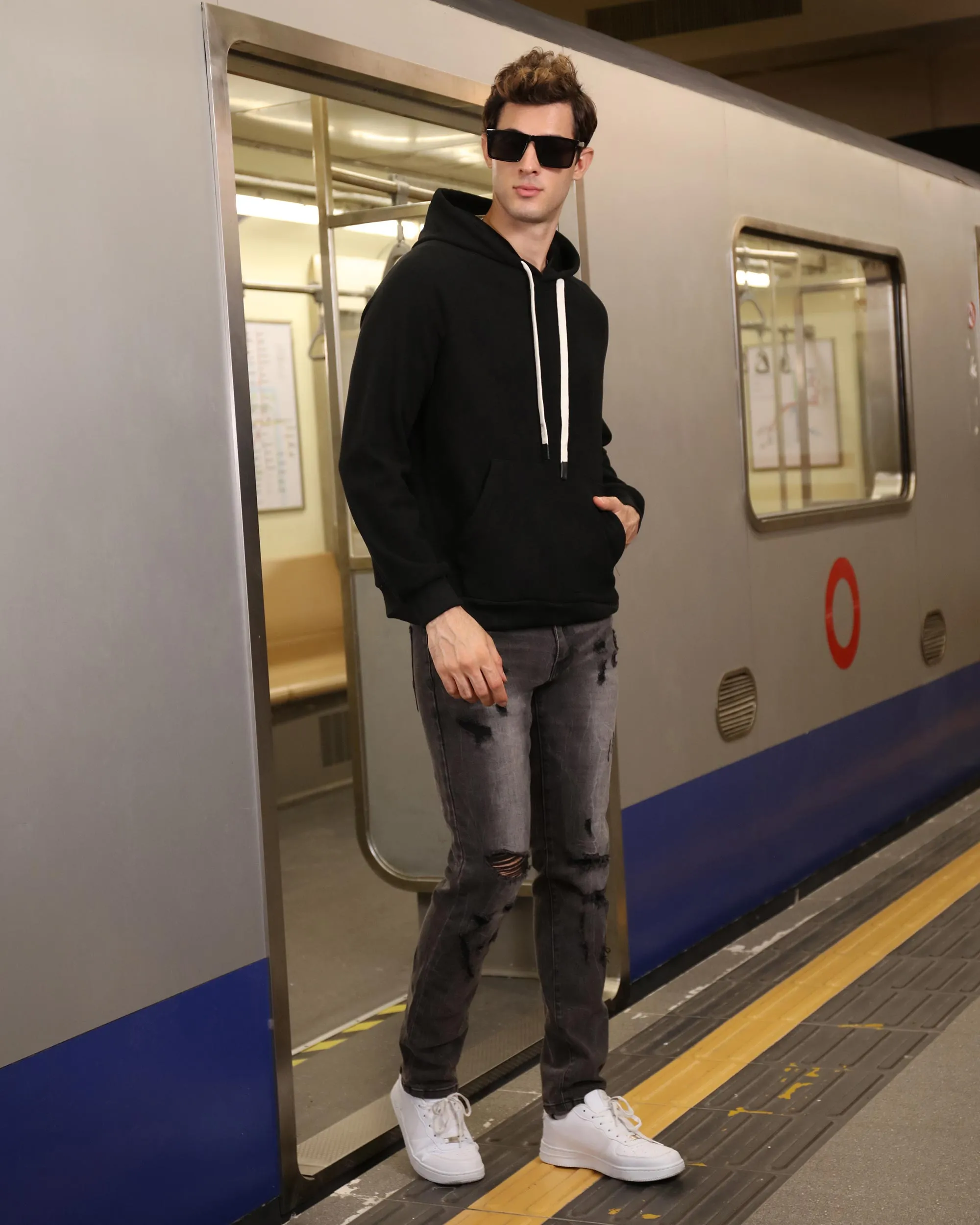 Stylish Straight Leg Black Ripped Jeans
