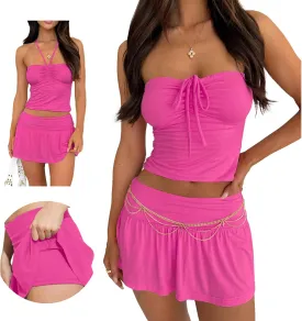 Summer Two Piece Outfits for Women Y2K Going Out Tie Ruched Tube Crop Tops Low Rise Pleated Mini Skort Skirt Sets