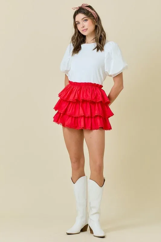 The Sydney Skort: Red Tiered Ruffle Lace Trim Skort