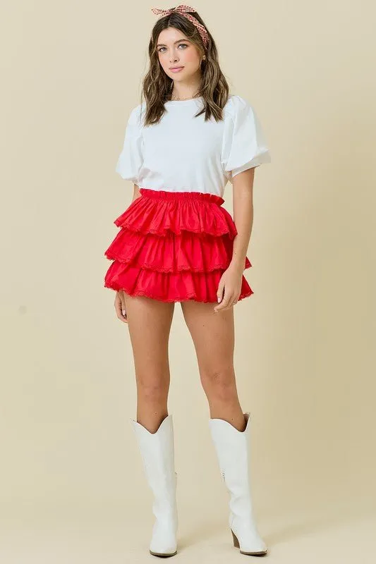 The Sydney Skort: Red Tiered Ruffle Lace Trim Skort