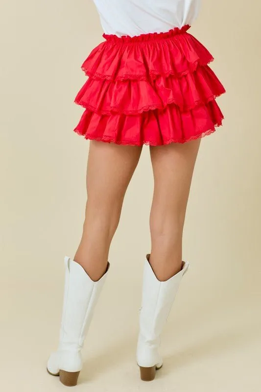 The Sydney Skort: Red Tiered Ruffle Lace Trim Skort