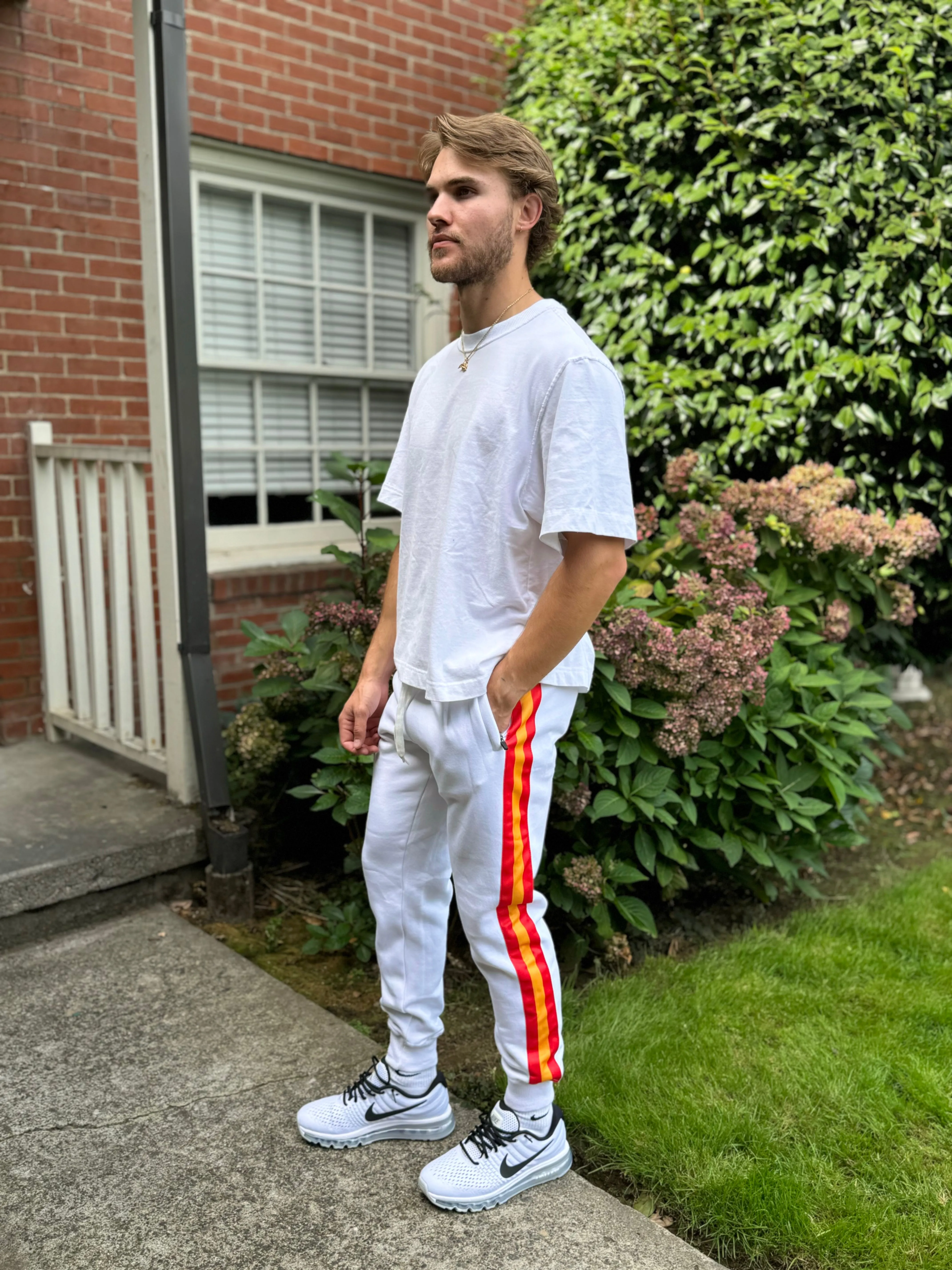 Triple Threat Men's Fleece Jogger Pant (White with Red and Gold Stripes)