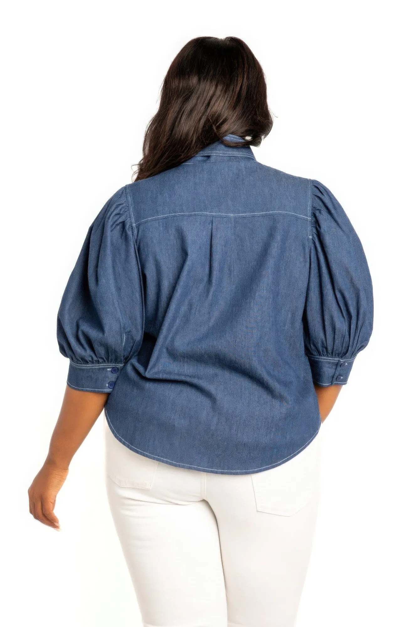 Washed Denim Puff Sleeve Blouse With Tie
