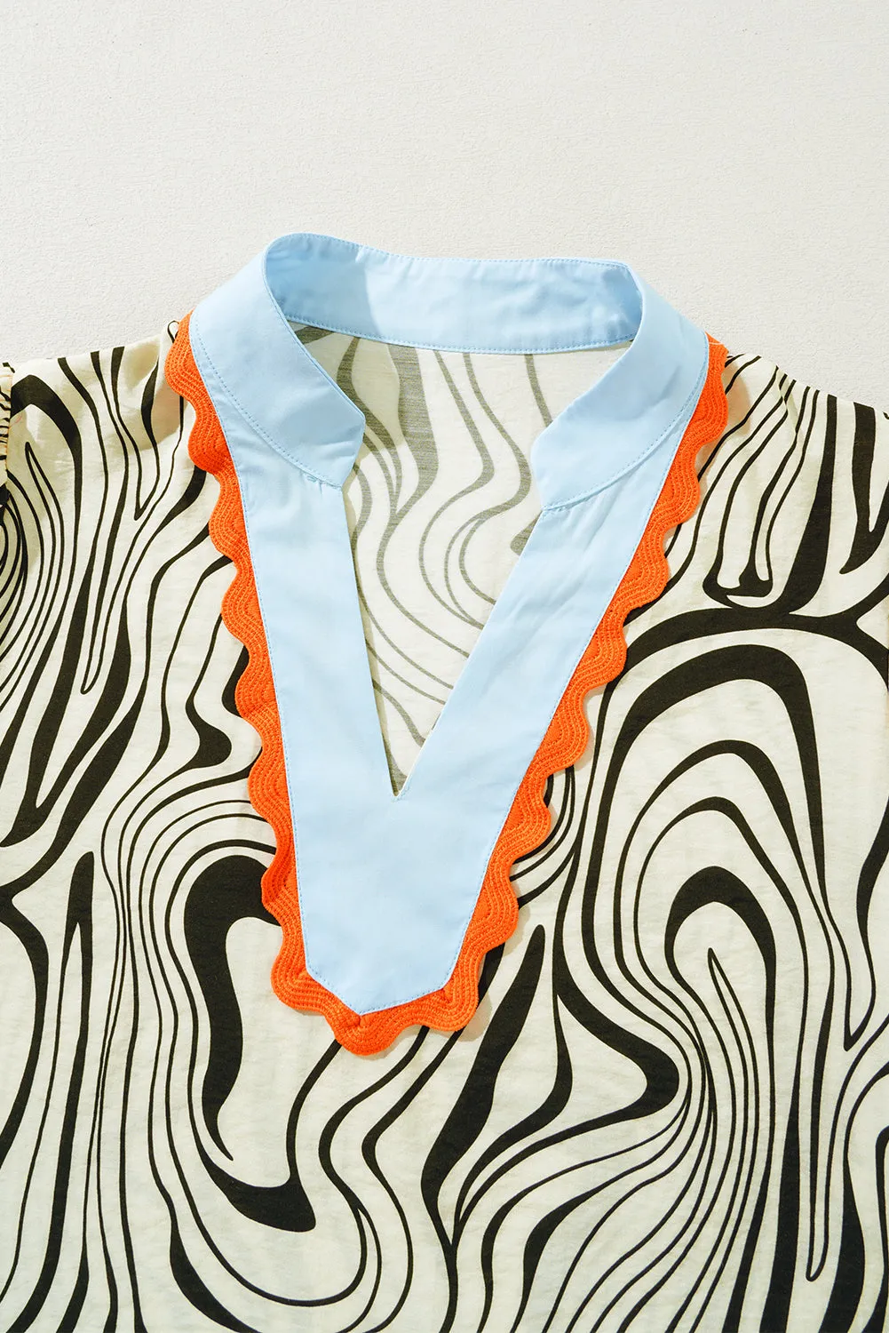 White Zebra Print V-Neck Puff Sleeve Blouse