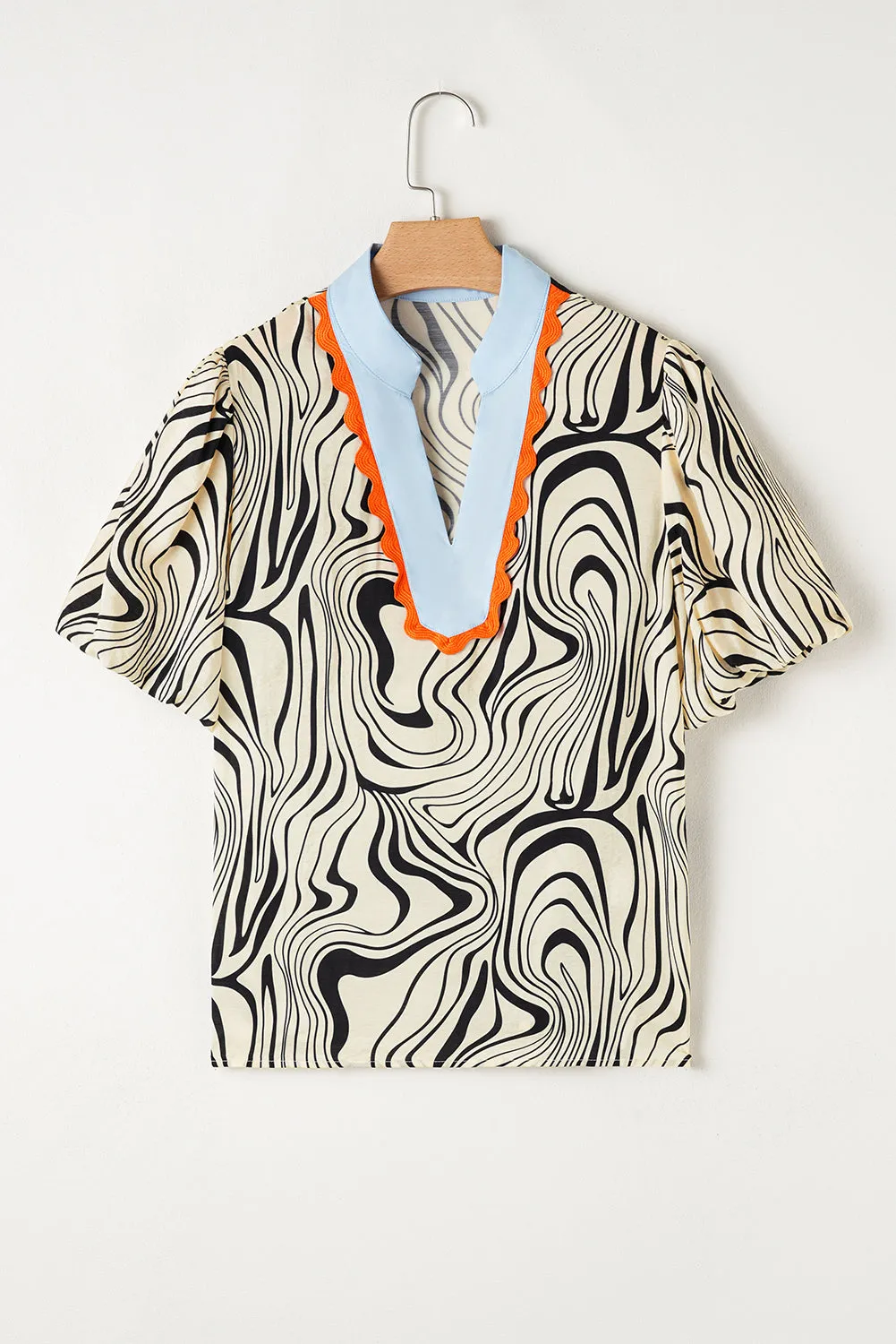 White Zebra Print V-Neck Puff Sleeve Blouse