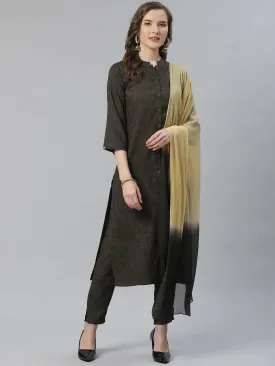 Women Charcoal Grey & Beige Self Checked Kurta With Trousers & Dupatta