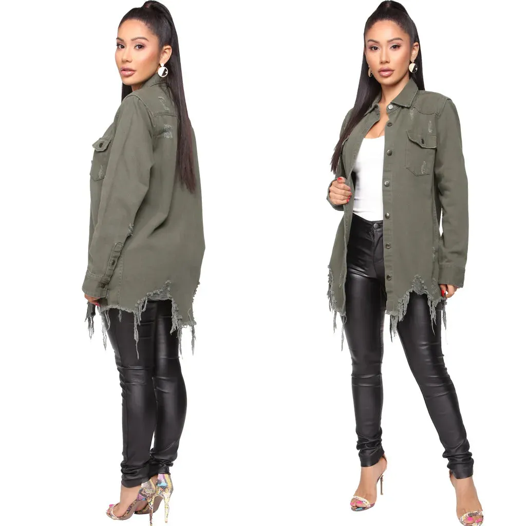 Women Jeans Jackets Spring Summer Ripped Denim Vintage Casual Denim Jacket Long Sleeve Female Chic Coat Streetwear 2024