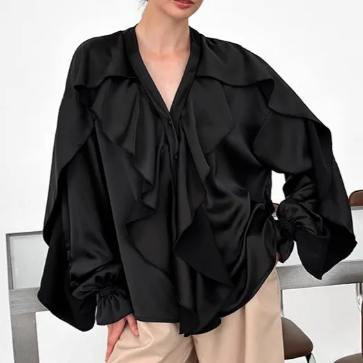 Women's Solid Color V-Neck Ruffle Puff Sleeve Satin Blouse