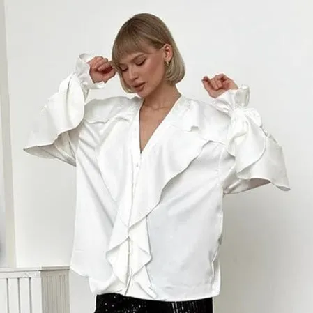 Women's Solid Color V-Neck Ruffle Puff Sleeve Satin Blouse
