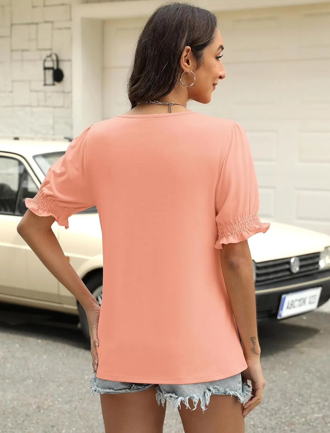 Womens Square Neck Puff Sleeve Top Short Sleeve Casual Smocked Cuff Blouse for Summer Outfits Tee Shirts