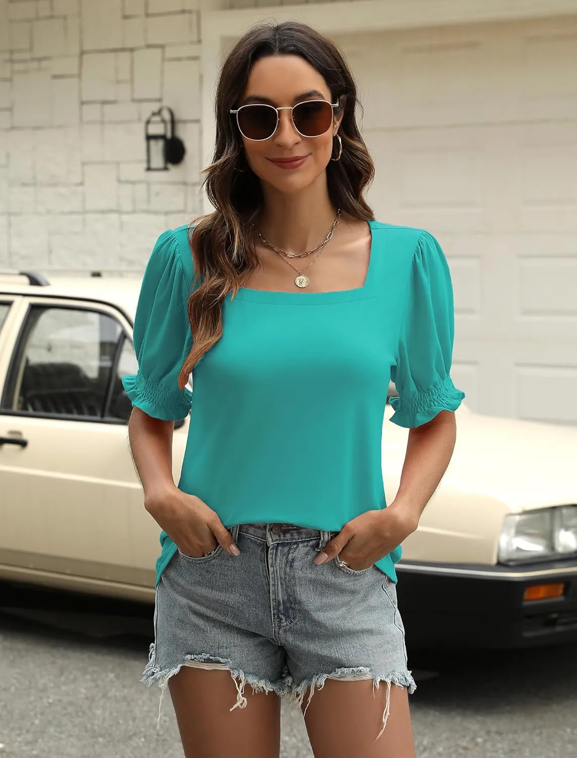 Womens Square Neck Puff Sleeve Top Short Sleeve Casual Smocked Cuff Blouse for Summer Outfits Tee Shirts