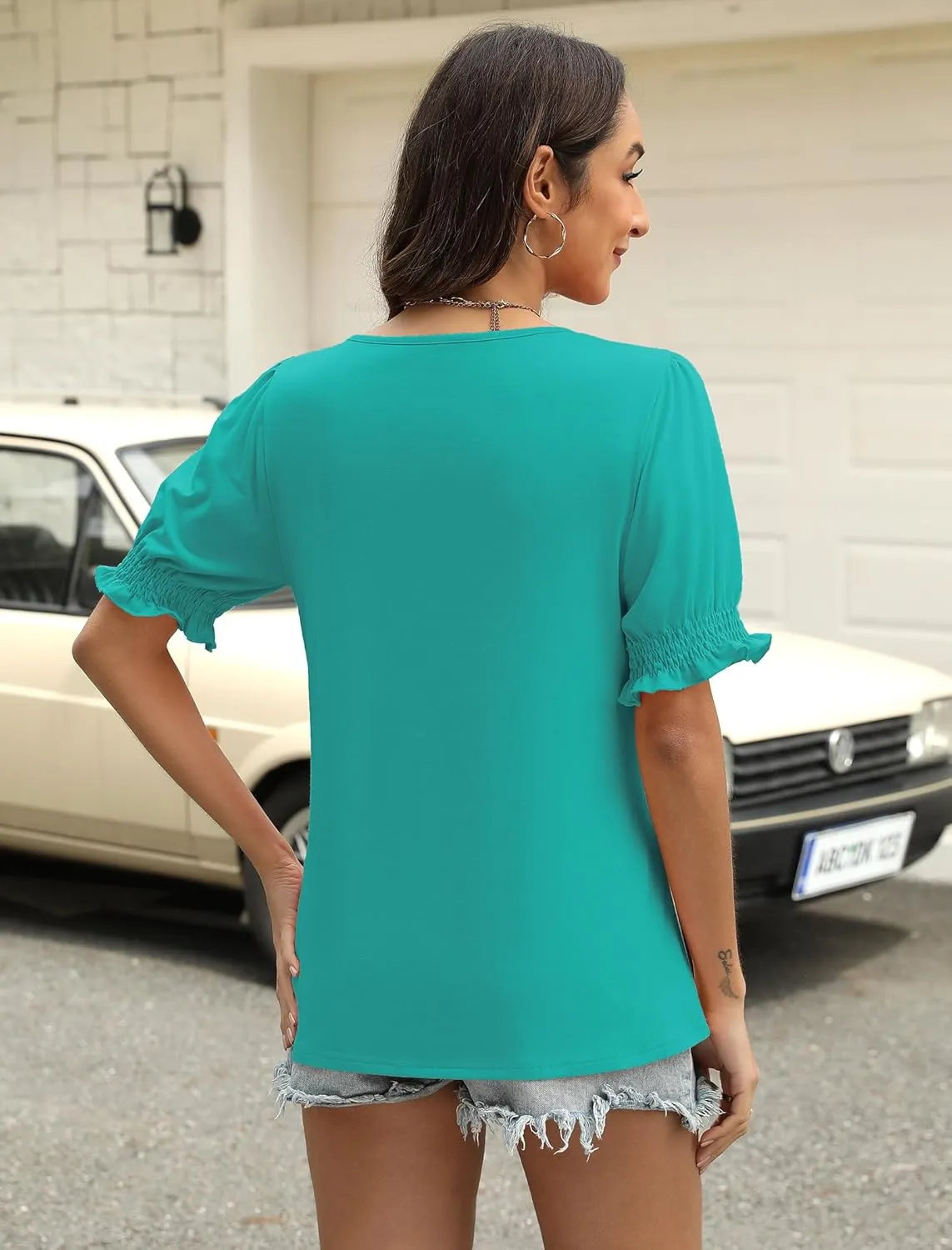 Womens Square Neck Puff Sleeve Top Short Sleeve Casual Smocked Cuff Blouse for Summer Outfits Tee Shirts
