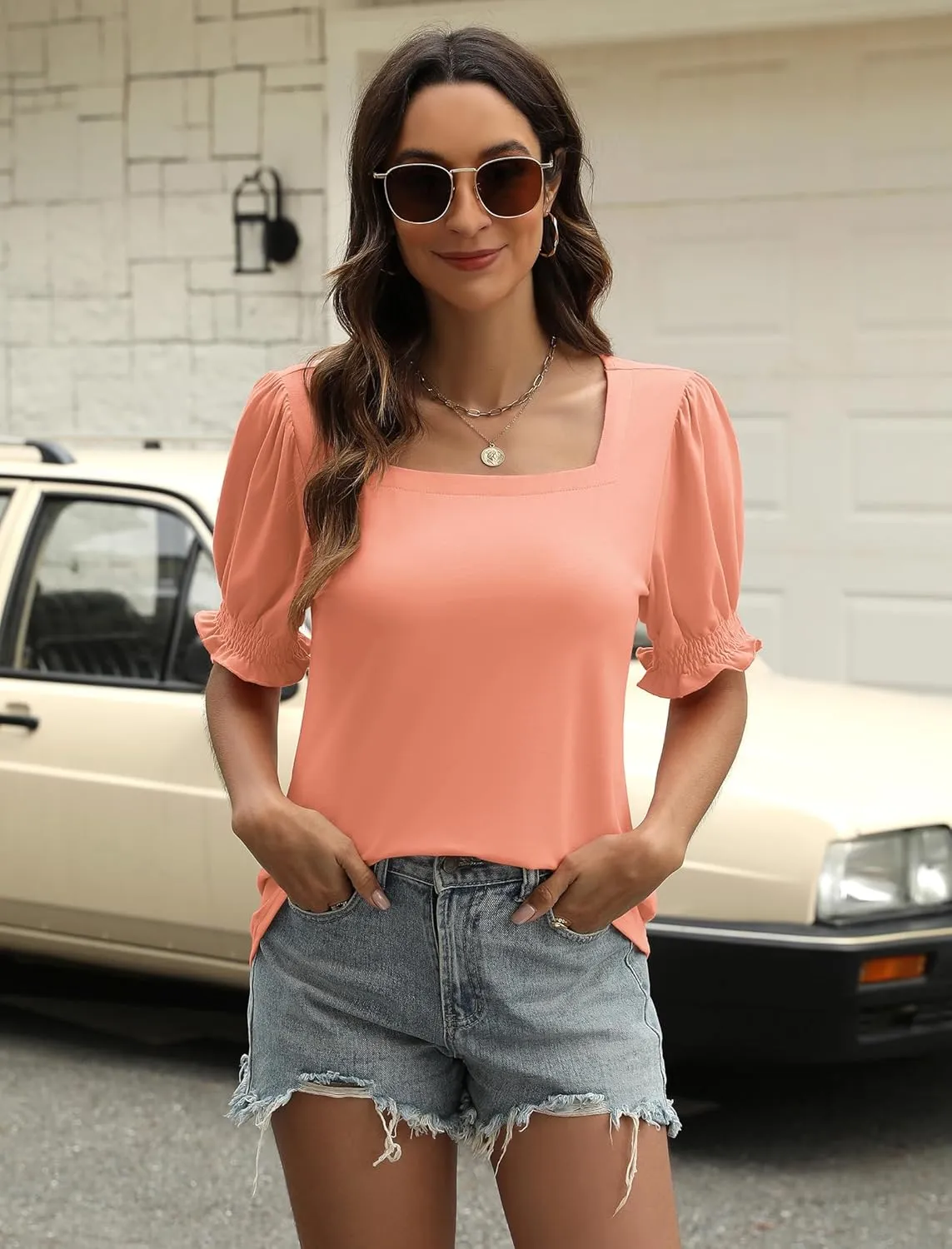 Womens Square Neck Puff Sleeve Top Short Sleeve Casual Smocked Cuff Blouse for Summer Outfits Tee Shirts